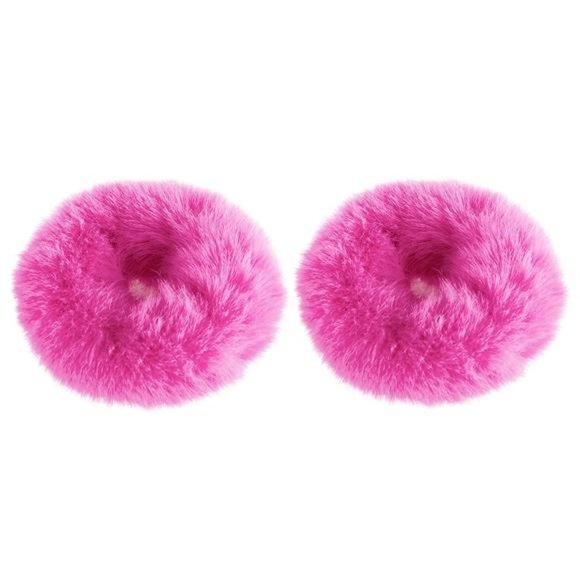 2 PCS Hot Pink Pom Pom Hair Tie Fuzzy Scrunchies Furry Hair Bands With Faux Fur - Picture 1 of 6